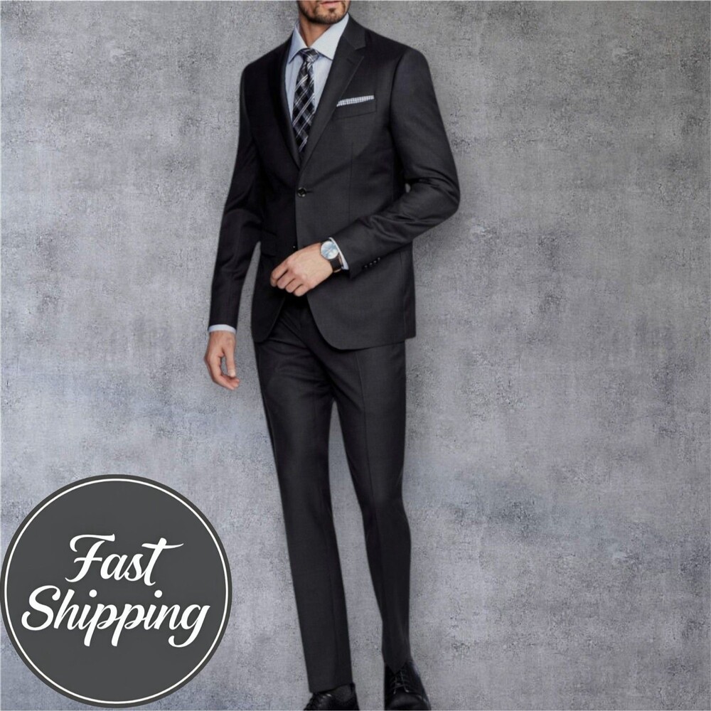 INDOCHINO Mens 2-Piece Suit – 46L Blazer Jacket/38WX30 Pants Black Wool